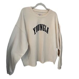 YOUNGLA NWOT Crewneck Sweatshirt Cream Arched Logo.Long Sleeve. Men's Large